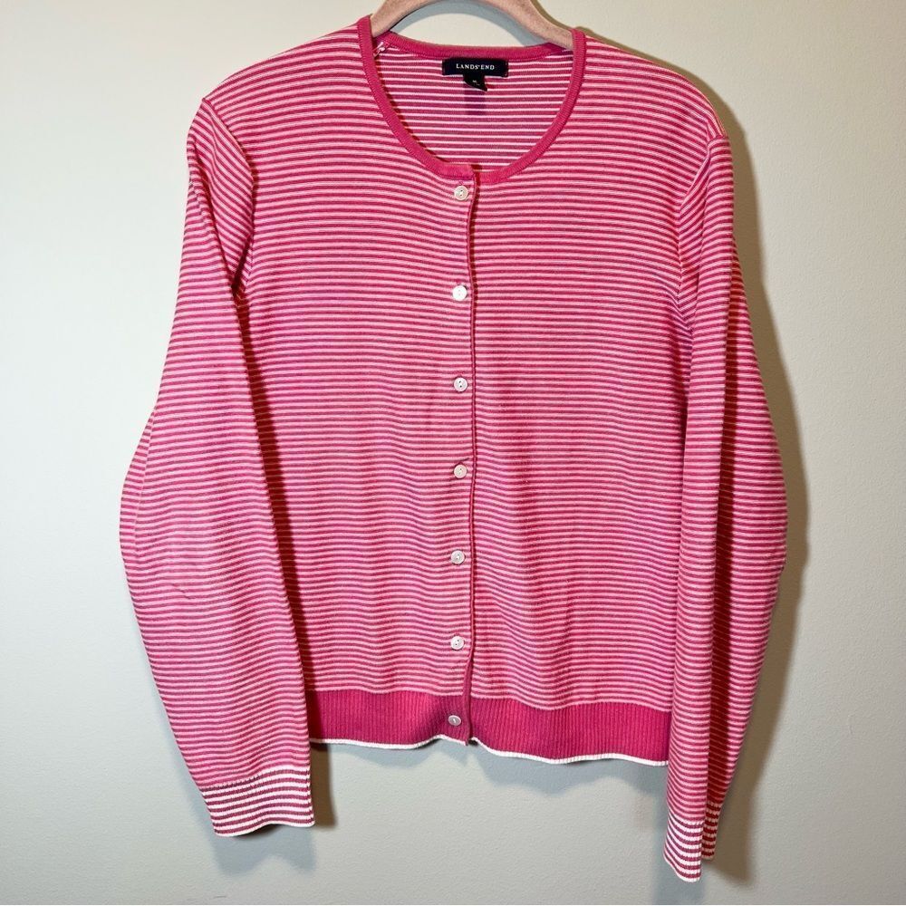 Lands’ End Pink Striped Cardigan Sweater Women’s Medium